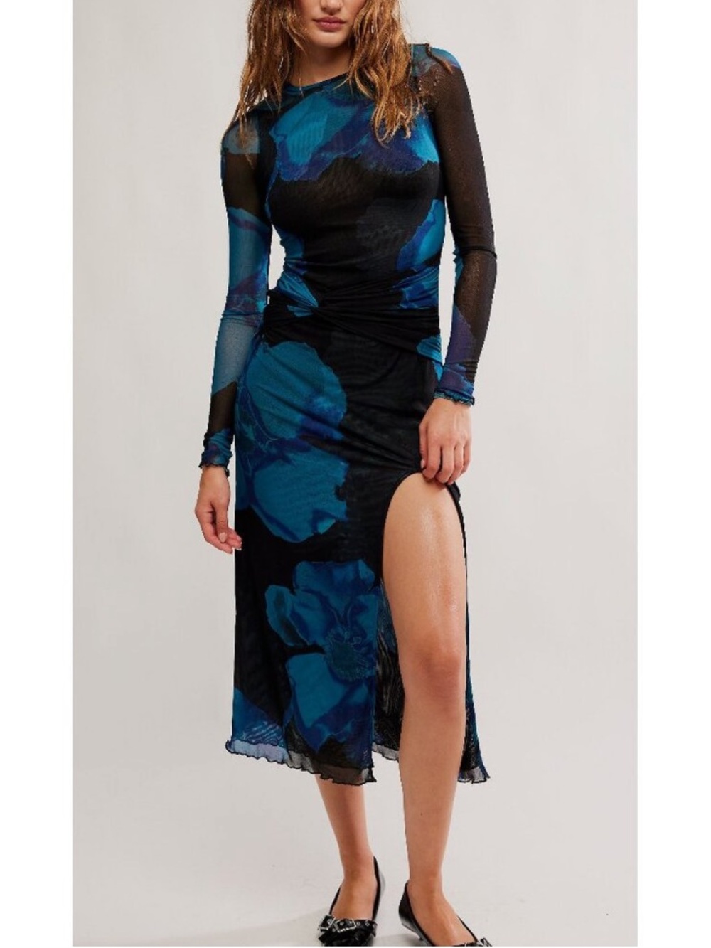 Free People Gianni Mesh Long Sleeve High Slit Ruched Printed Bodycon Maxi Dress